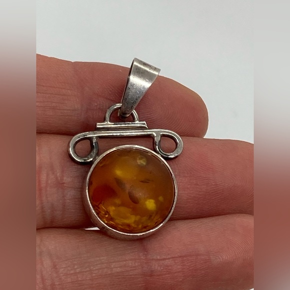 Vtg Sterling & Amber Cabochon Modernist Abstract Pendant 925 Silver | 1.4” x .9” - Picture 6 of 12